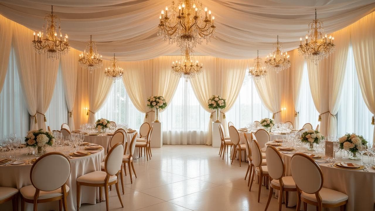 Elegant wedding venue with crystal chandeliers and luxury decor